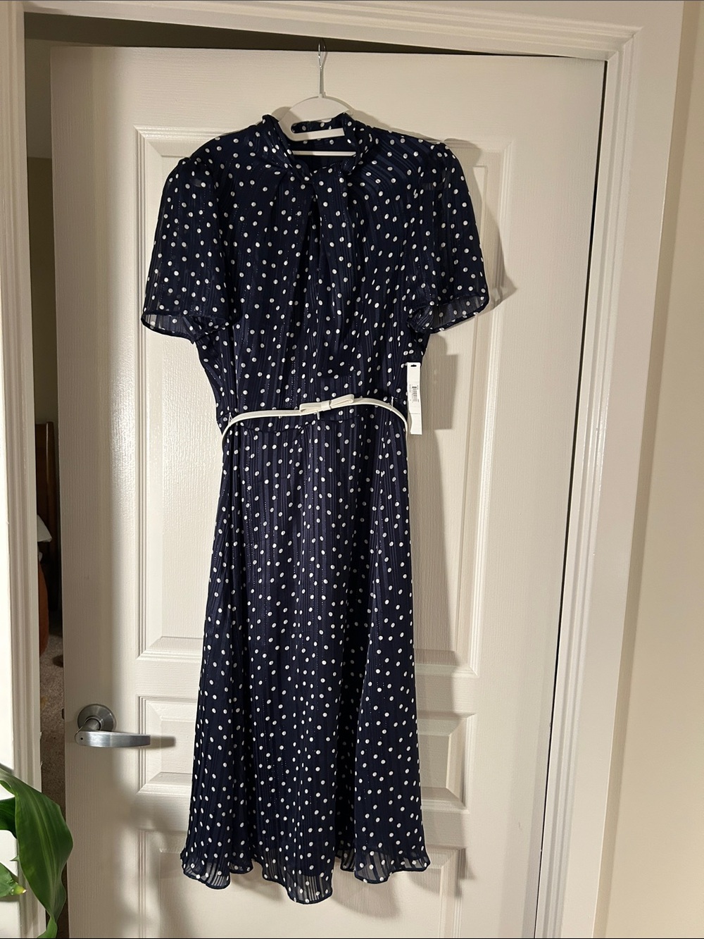 Maggy London Navy and White Polka Dot Midi Dress with Tie Neck NWT
